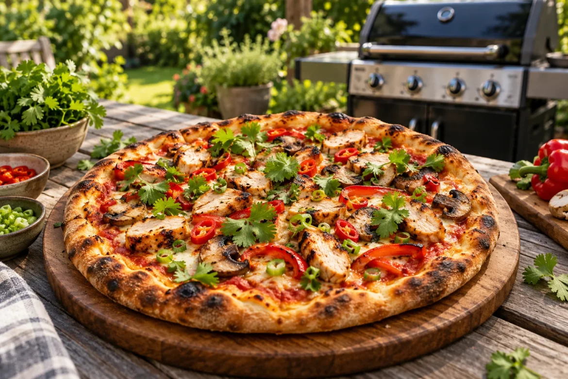 Pizza z kurczakiem, papryką chili i kolendrą na stole w ogrodzie, grill w tle