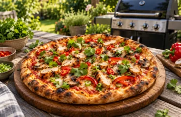Pizza z kurczakiem, chili i kolendrą na stole w ogrodzie Pizza z kurczakiem, papryką chili i kolendrą na stole w ogrodzie, grill w tle