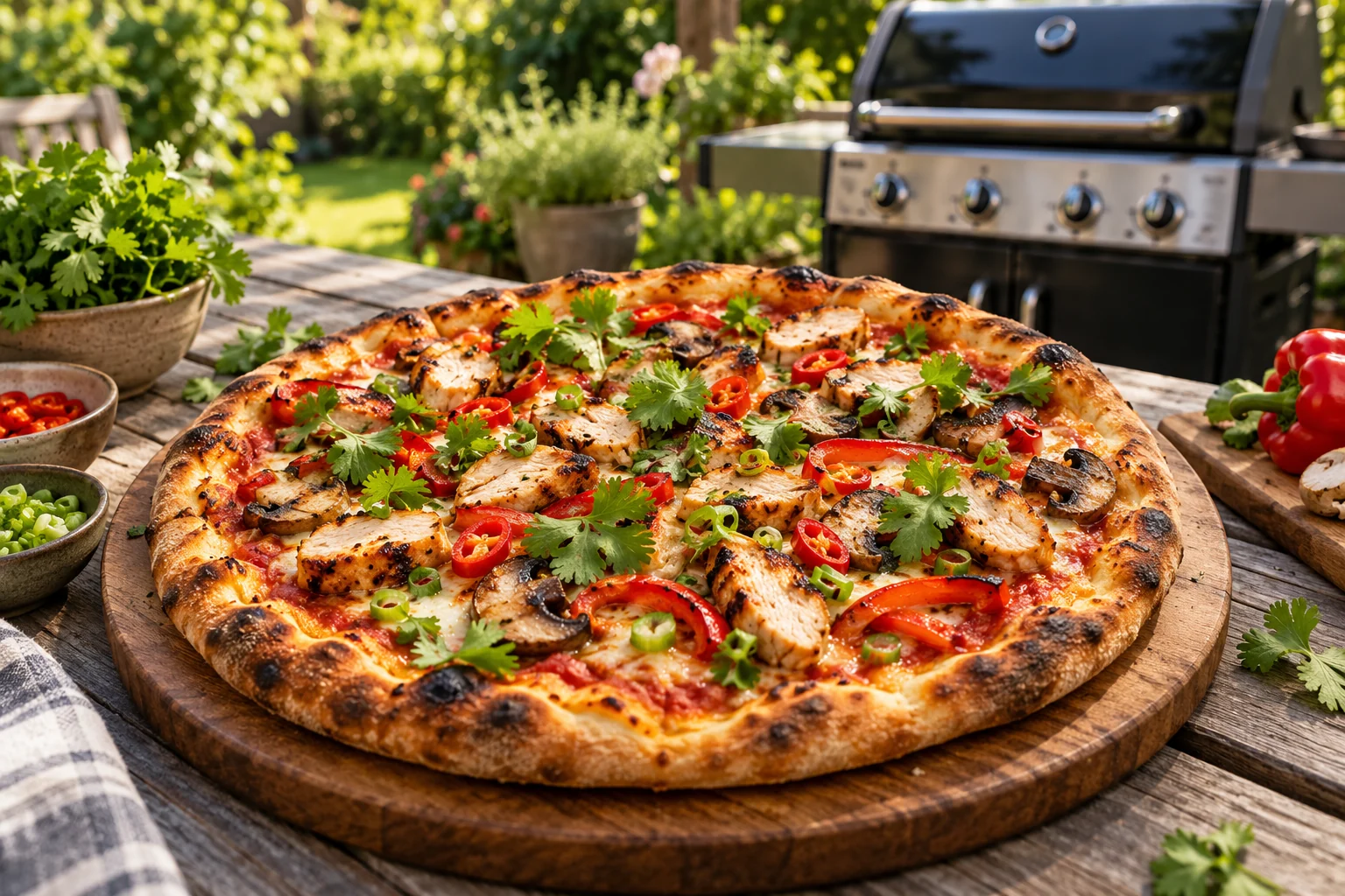 Pizza z kurczakiem, chili i kolendrą na stole w ogrodzie Pizza z kurczakiem, papryką chili i kolendrą na stole w ogrodzie, grill w tle